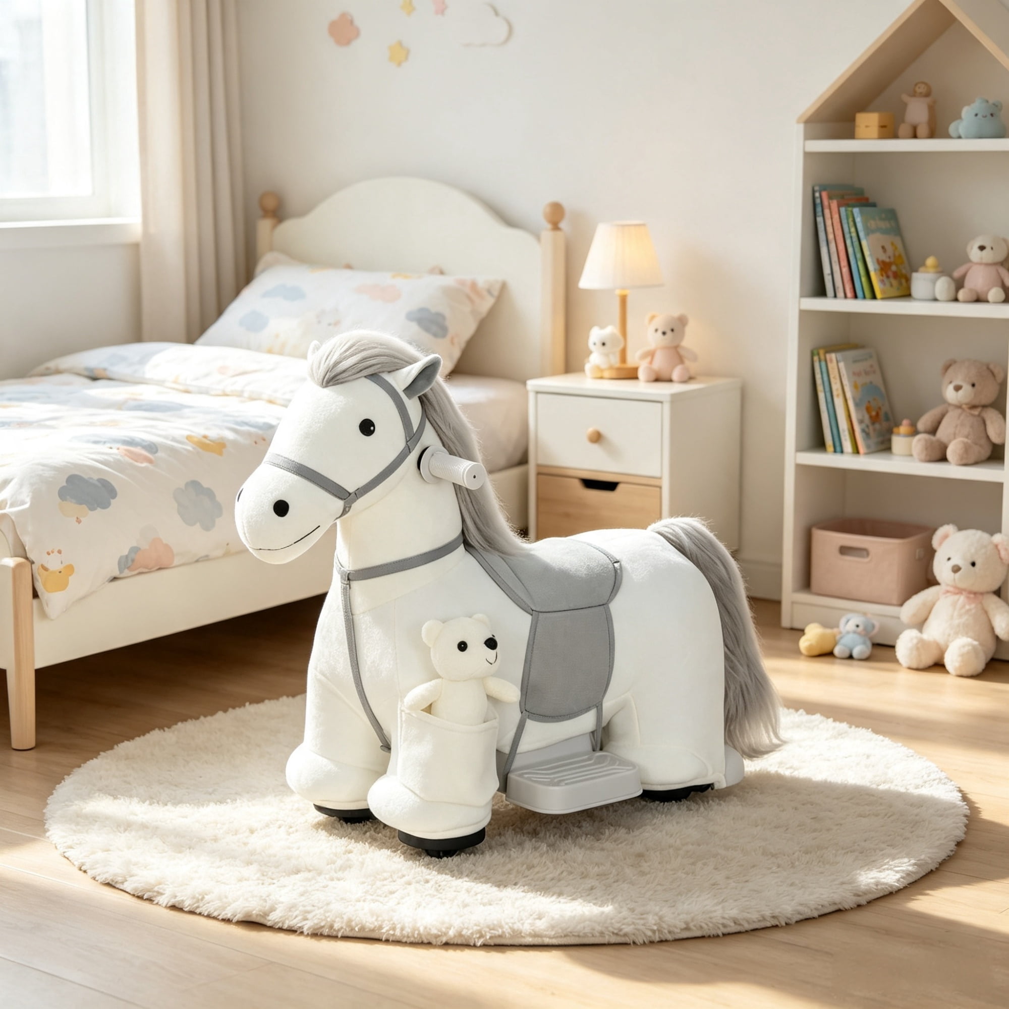 6V Battery Powered Kids Ride On Pony, Electric Ride On Horse, with Bear Toy, Music, for 1.5-5 Years Old