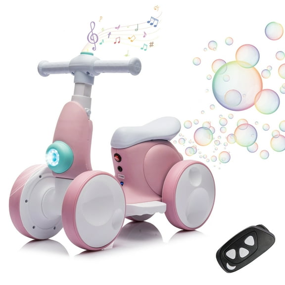 6V Electric Baby Balance Bike with Bubble Machine,4 in 1 Toddler Balance Bike w/Remote Control for 1 Year Old Boys Girls Kids Bubble Bike Ride on Toys w/Powered Motor,Music,LED Lights (Pink)