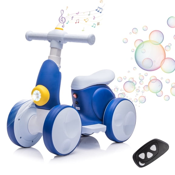 6V Electric Baby Balance Bike with Bubble Machine,4 in 1 Toddler Balance Bike w/Remote Control for 1 Year Old Boys Girls Kids Bubble Bike Ride on Toys w/Powered Motor,Music,LED Lights (Blue)