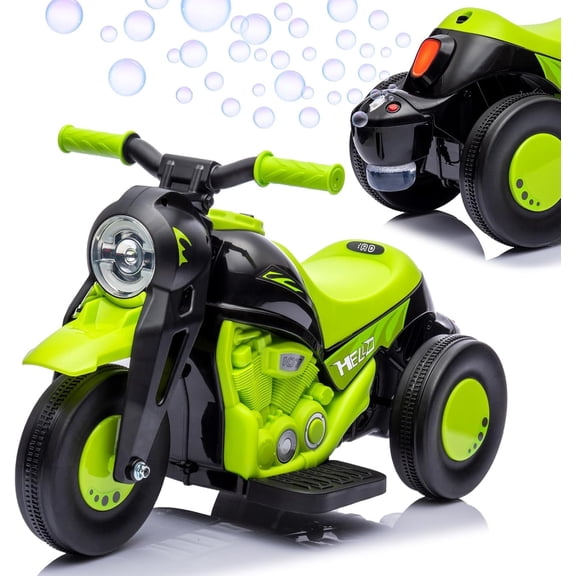 6V Electric Motorcycle Ride-On with Automatic Bubble Machine, Foot Pedal, Headlight, Music, Horn, 3 Anti-Skid Wheels, for Ages 3+,Avocado green