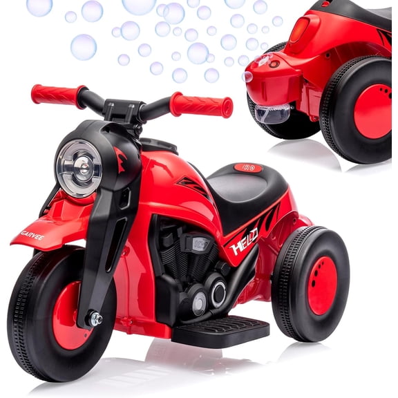 6V Electric Motorcycle Ride-On with Automatic Bubble Machine, Foot Pedal, Headlight, Music, Horn, 3 Anti-Skid Wheels, for Ages 3+Red