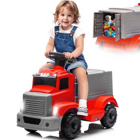 Acnico 6V Electric Ride on Truck for Kids - Large Storage Box, Music, LED Lights, One-Button Start, Ride on Toy Car for Toddlers Boys Girls 3+, Red