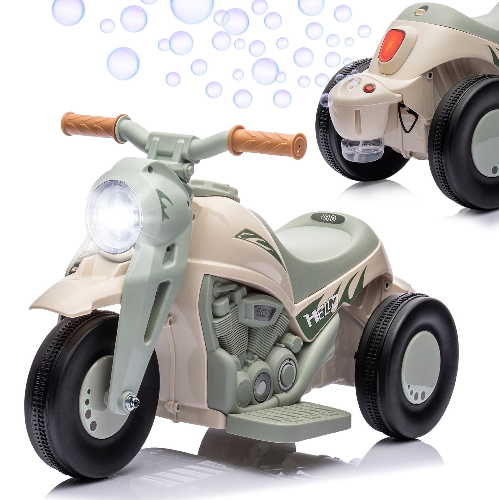 6V Kids Ride on Bubble Car, Battery Powered Electric Motorcycle with Music Button and LED Headlight, 3 Wheels Motorbike Toys Gift for Toddler 3+ Boys Girls, Beige
