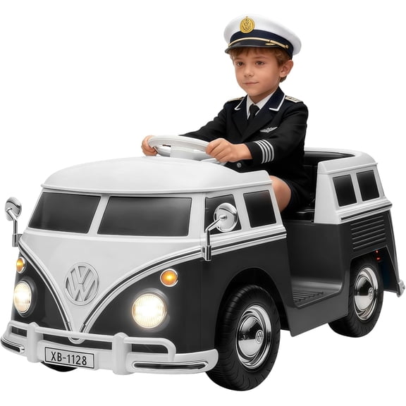6V Licensed Retro Bus Style Electric Ride-On Car with LED Lights and Horn Two-Speed ASTMs Certified Black
