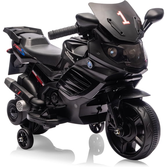 6V Ride-On Motorcycle, Battery-Powered Electric Vehicle with Treaded Tires, Headlight, Horn, Music, Training Wheels, Stable 2-Wheel Electric Motorcycle, Black