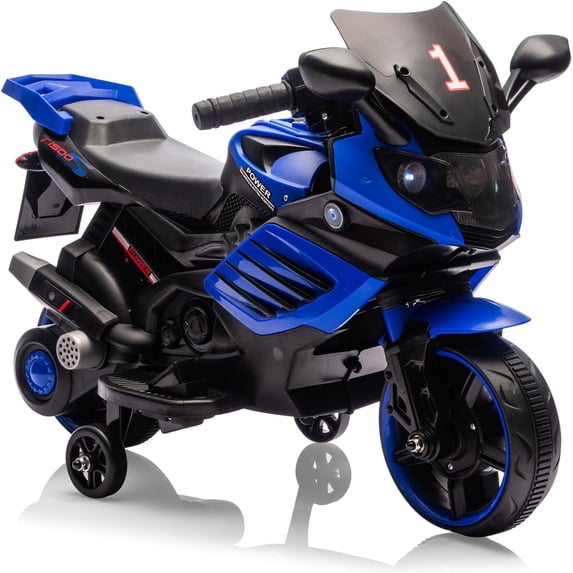 6V Ride-On Motorcycle, Battery-Powered Electric Vehicle with Treaded Tires, Headlight, Horn, Music, Training Wheels, Stable 2-Wheel Electric Motorcycle, Blue