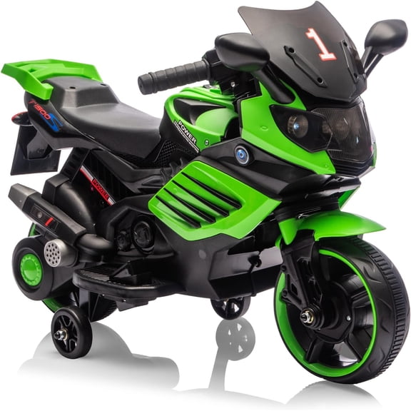 6V Ride-On Motorcycle, Battery-Powered Electric Vehicle with Treaded Tires, Headlight, Horn, Music, Training Wheels, Stable 2-Wheel Electric Motorcycle, Green