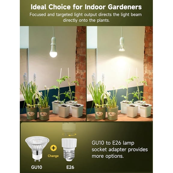 6W LED GU10 Grow Light Bulb, Natural White 4000K Full Plant Light for Indoor Plants, E26 Base, 6 Pack