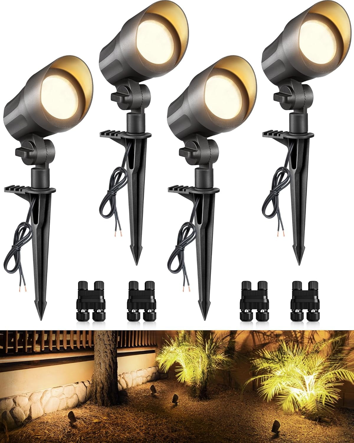 6W Low Voltage Landscape Lighting LED Landscaping Lights Warm White Low Voltage Lighting Waterproof Landscape Spotlights with Connectors Spot Lights Outdoor for Tree Wall Pathway Yard, 4 Pack