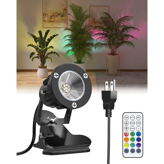 6W RGB LED Spot Light Clip On with Remote Control, Plug in Spotlight Indoor and Outdoor IP65 Water Resistant 1.78m Cord, 15 Colors + Warm White 3000K