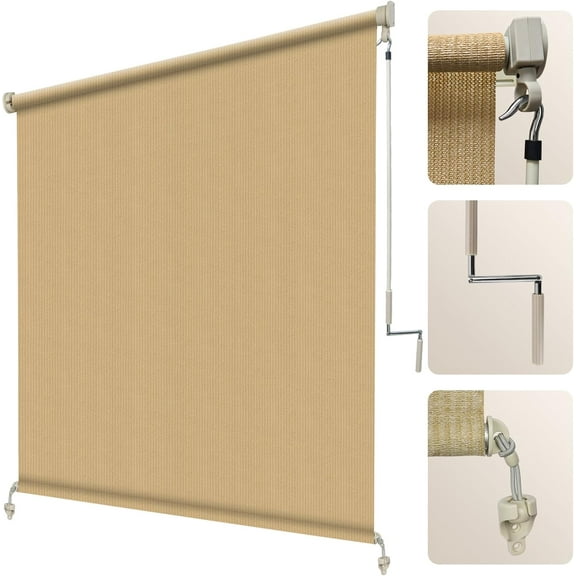 NAWAY 6'W x 8'H Outdoor Roller Shades, Cordless Patio Roll Up Blinds 90% UV Protection Exterior Shade Cloth Roll for Porch Gazebo Pergola Balcony Backyard,Wheat