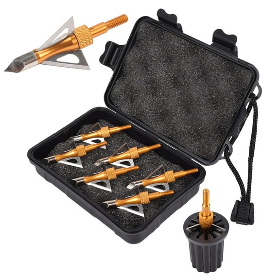 6X 100 Grain Broadheads 3 Fixed Steel Blade Gold with 1 Broadhead Case +1 Wrench