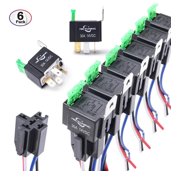 6X 12V Spst 5Pin Automotive Relay Switch Harness Kit + 30A Fuse 14Awg Hot Wires