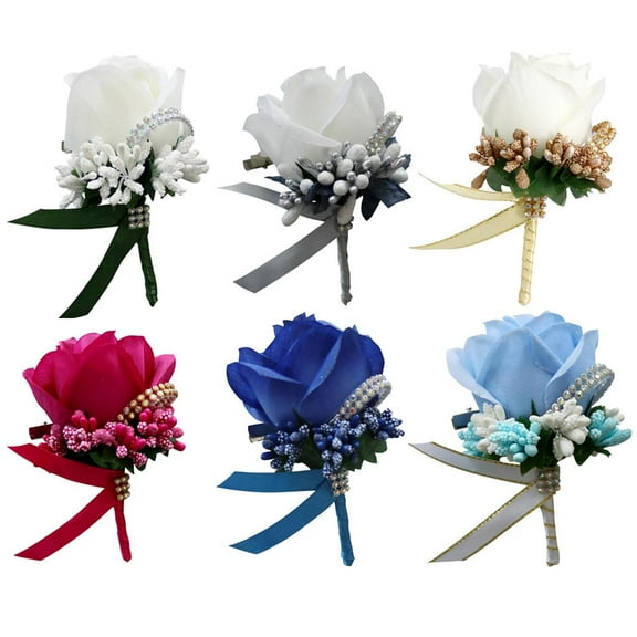 6X Boutonniere Groom Men's Groomsmen Best Man Boutineer with Pin Artificial Flower Brooch Corsage for Wedding Homecoming Prom Suit Decor