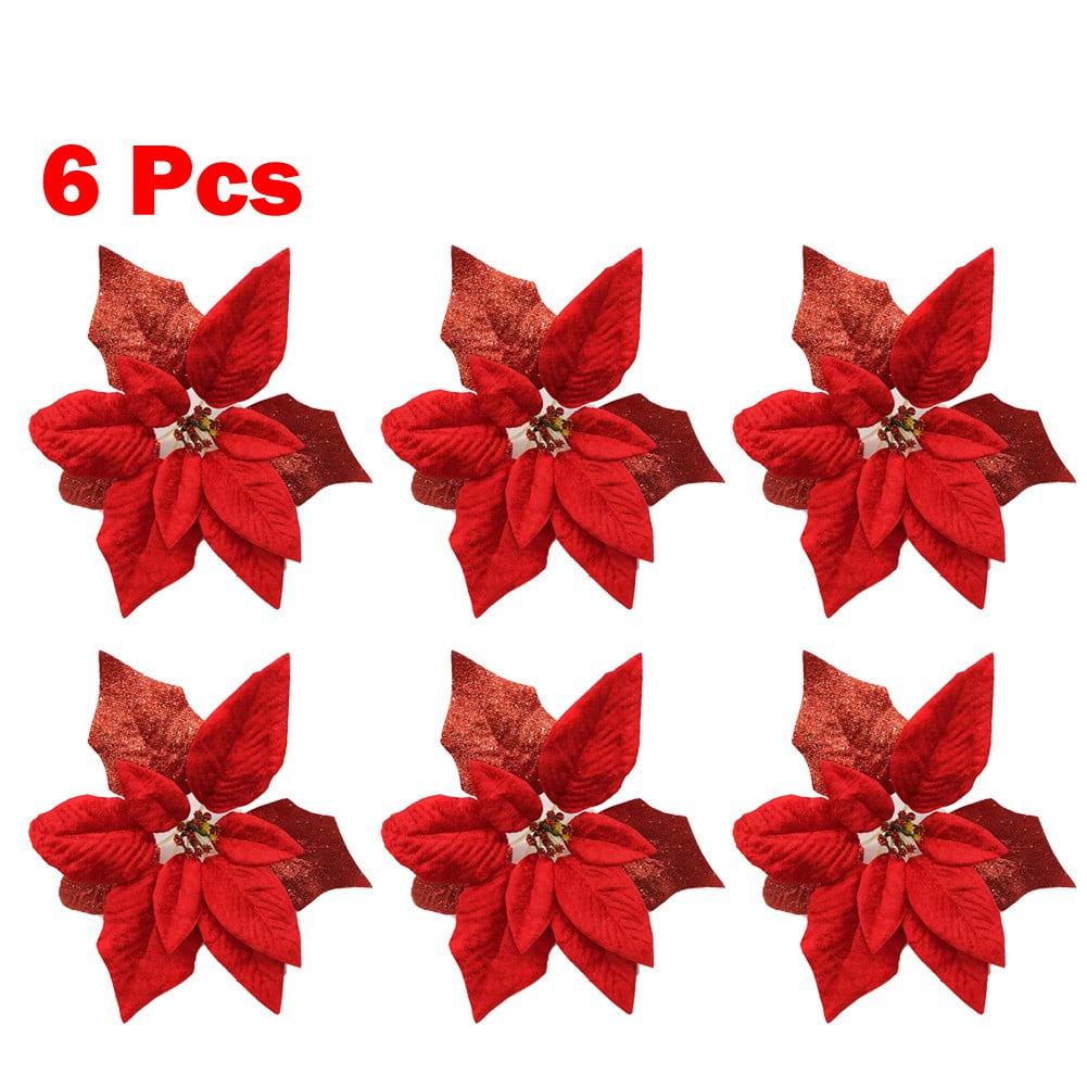 6X Christmas 22Cm Large Poinsettia Glitter Flower Tree Hanging Party