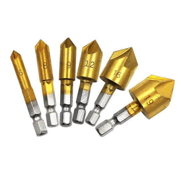 6X Countersink Tool Bit Set 1/4'' Hex Shank Counter Sink For Steel Metal Wood H