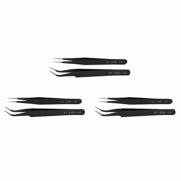 6X Nail Art Rhinestones Eyelashes Extension Straight & Curved Tweezers Tool Set-Black,6 x Tweezers,Black