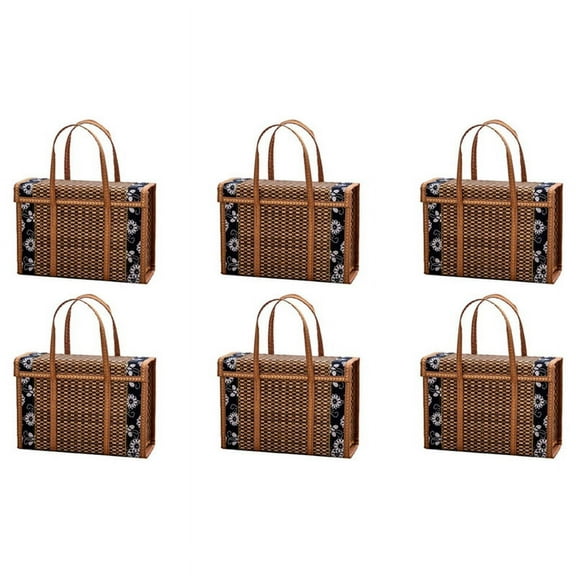 6X Picnic Woven Basket Wicker Storage Bag Handle Folded Fruit Shopping Food Handle Rattan Grass Foldable Bamboo Basket
