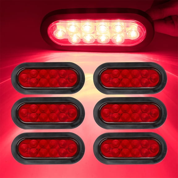 6X Red 6" Oval Trailer Lights 10 LED Truck Sealed Stop Turn Tail w/Grommet Plug