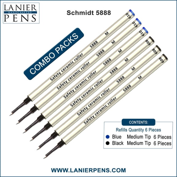 6X Schmidt 5888 M Safety Ceramic Rollerball Metal Refill Blue/Black Medium Tip
