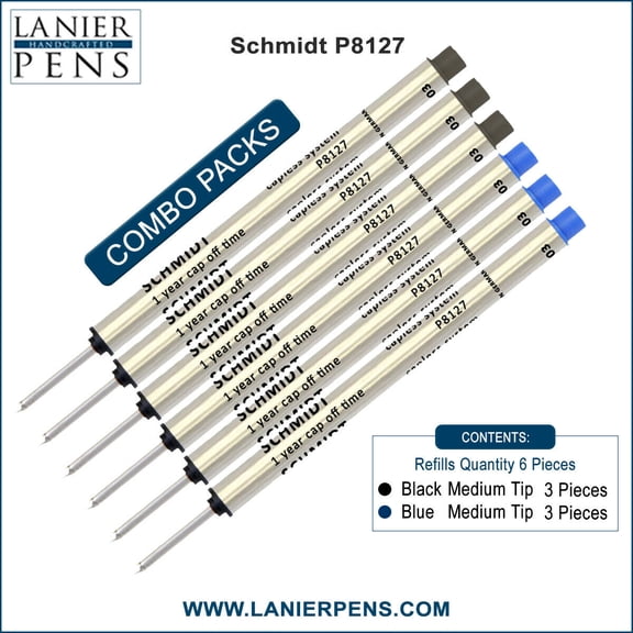6X Schmidt P8127 Short Capless System Rollerball Black/Blue Ink Medium Tip