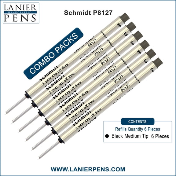 6X Schmidt P8127 Short Capless System Rollerball Black Ink Medium Tip