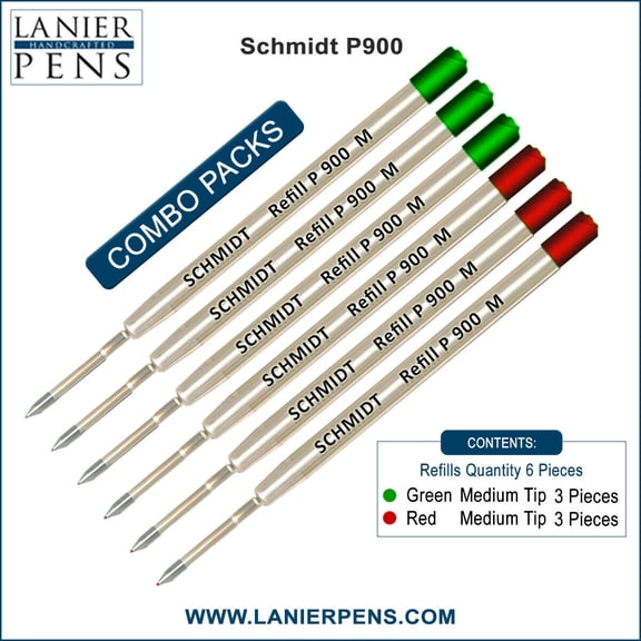 6X Schmidt P900 M Parker Style Ballpoint Refill Green/Red Ink Medium Tip