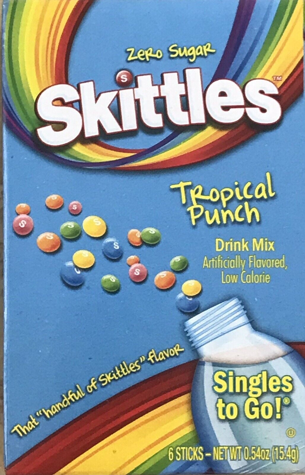 Skittles Tropical Punch Zero Sugar Powder Drink Mix Sticks, Singles To Go, Low Calorie, 6 Packets, 0.54 oz
