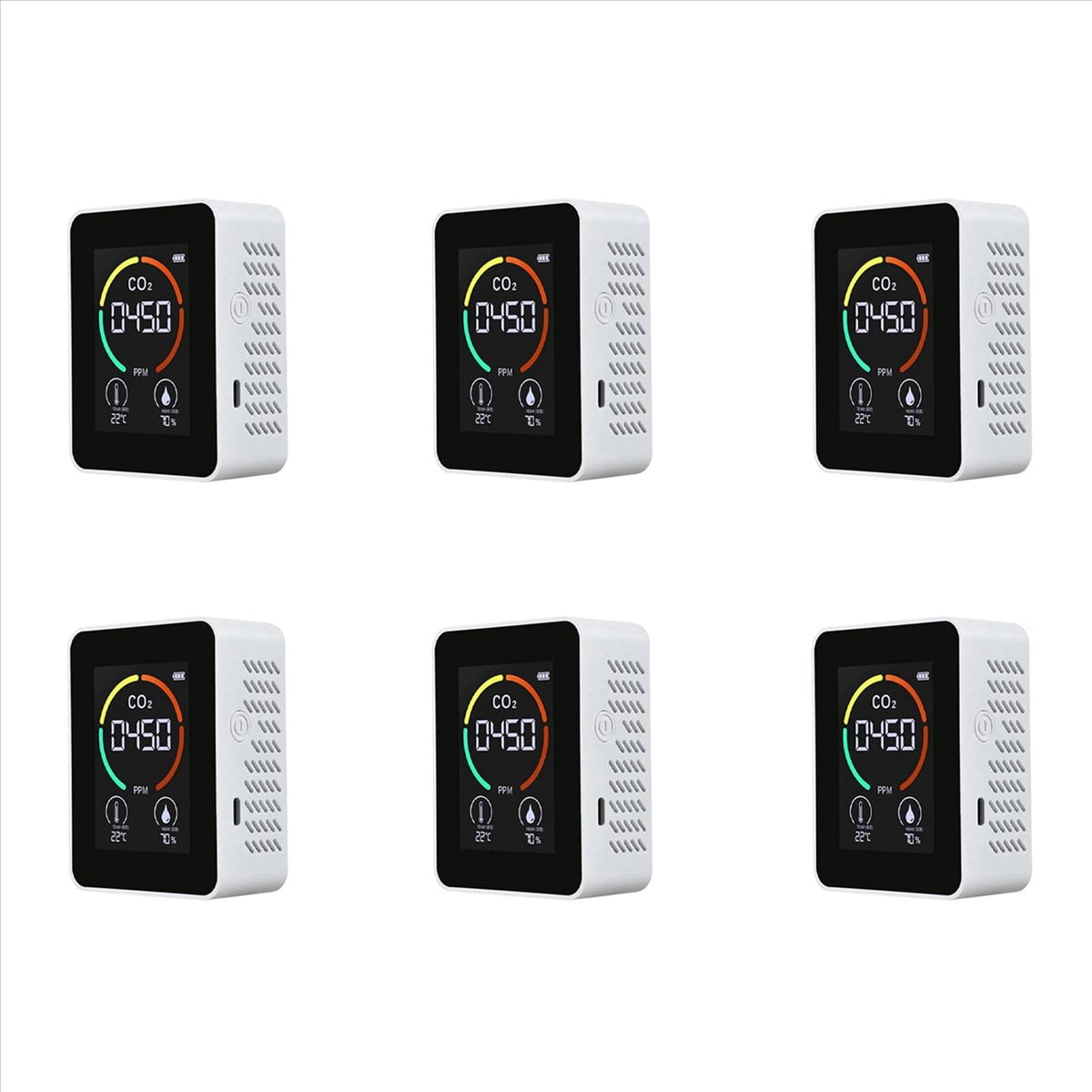 6X Temperature & Humidity Meter, Air Quality Monitor, Digital Air Pollution Carbon Dioxide Detector A,6 x Air Quality Analyzer 6 x USB Cable 6 x User Manual,White