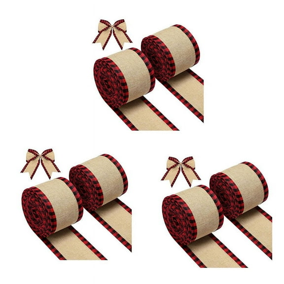 6X Wired Edge Ribbons Christmas Burlap Fabric Craft Ribbon Wrapping Ribbon with Checkered Edge Red