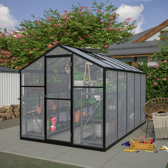 6X10 FT Greenhouse for Outdoors, Heavy Duty Polycarbonate Greenhouse with Roof Vent and Door, Large Walk-In Greenhouse for Patio Backyard Garden in All Season