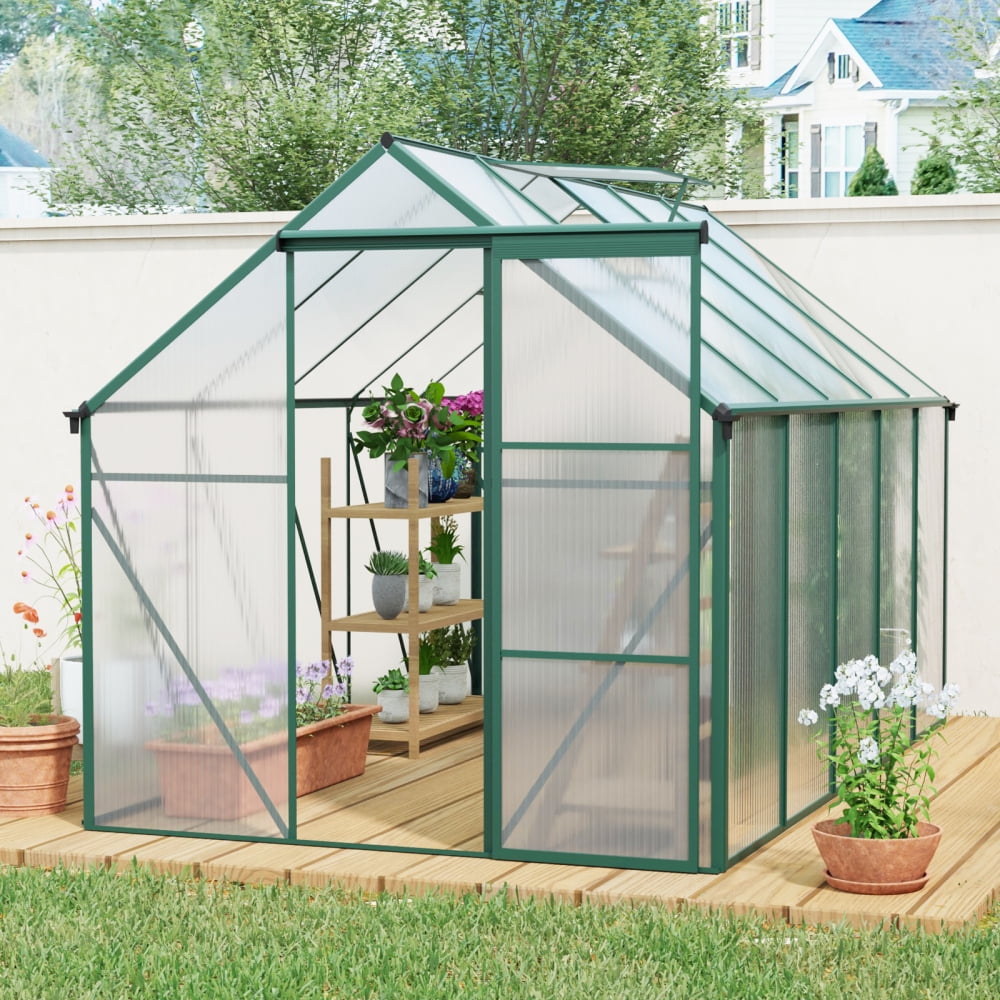 6X10 FT Greenhouse - Sturdy Walk-In Design with Raised Base and Heavy-Duty Aluminum Frame. Ideal for Year-Round Outdoor Gardening in Your Backyard. Cultivate Your Green Paradise