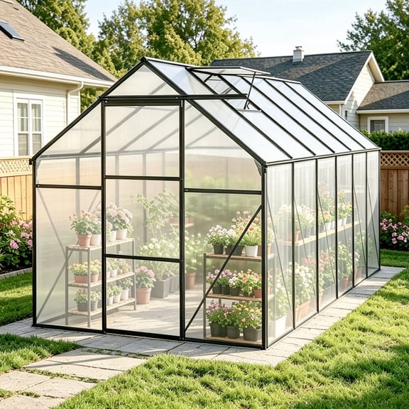 CarButler 6x10ft Polycarbonate Greenhouse Heavy Duty Walk-in Garden House with Sliding Door and Vent for Outdoor Garden Backyard Black
