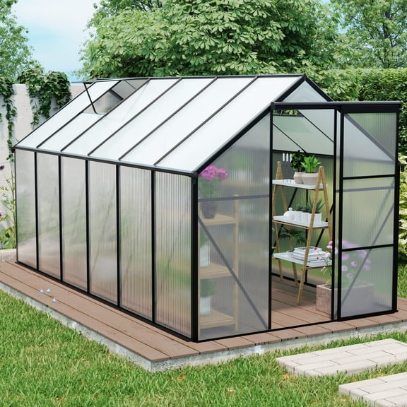 CarButler 6x12ft Polycarbonate Greenhouse Heavy Duty Walk-in Garden House with Sliding Door and Vent for Outdoor Garden Backyard Black