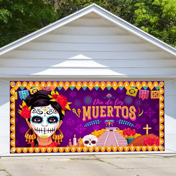 6X13ft Day of The Dead Garage Door Decoration Background Dia DE Los Muertos Dress-up Mexican Fiesta Birthday Sugar Skull Flowers Altar Halloween Photography Backdrop Party Banner Cover