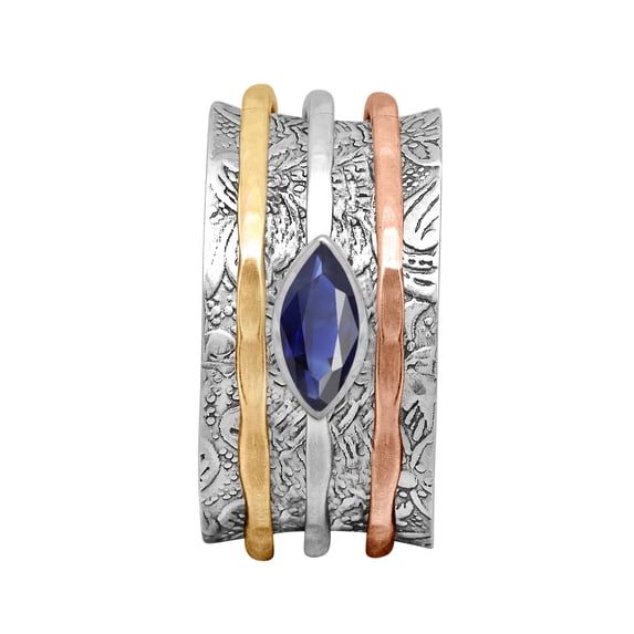 6X3 Marquise Blue Sapphire Triple Tone 925 Silver Meditation Unisex Spinner Ring