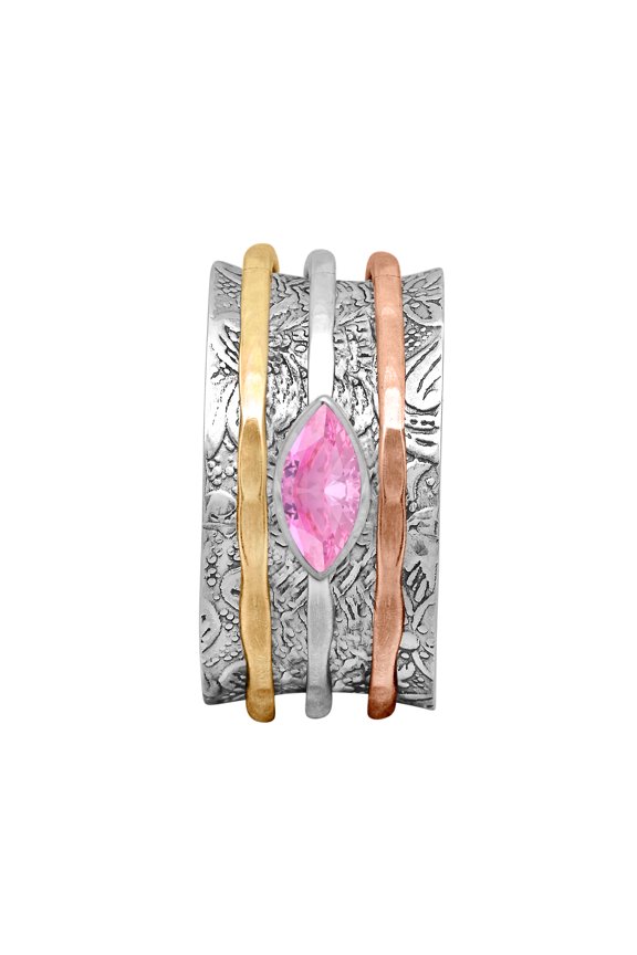 6X3 Marquise Pink CZ Triple Tone 925 Sterling Silver Meditation Unisex Spinner Ring