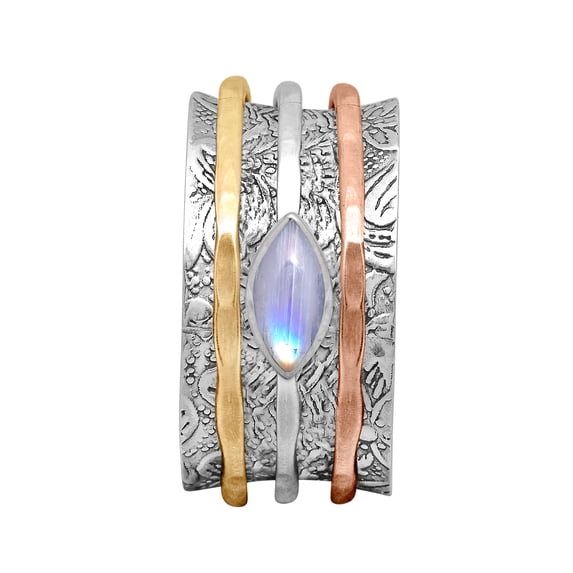 6X3 Marquise Rainbow Triple Tone 925 Silver Meditation Unisex Spinner Ring