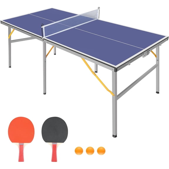 6X3ft Mid-Size Table Tennis Tables - Indoor/Outdoor Portable Ping Pong Table Game with Net for Adults/Teens,2 Table Tennis Paddles and 3 Balls