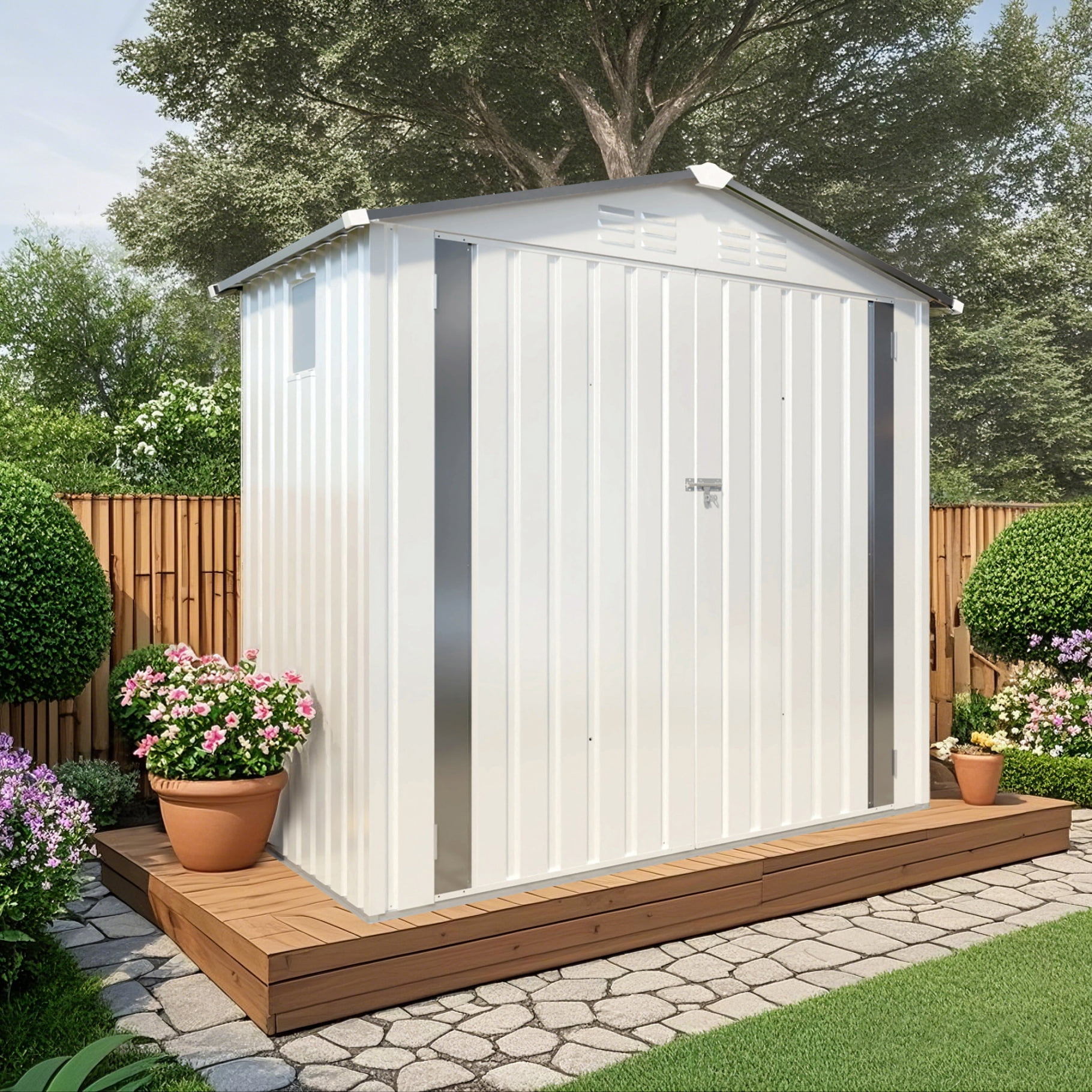 6X4 FT Metal Outdoor Storage Shed, Tool Shed with Pitched Roof Watertight with Positive Window and Lockable Door Compact for Garden, Backyard, Patio (White+Gray)