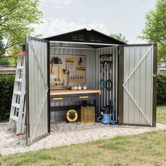 6X4 FT Outdoor Storage Shed, Galvanized Steel Outdoor Storage Shed, 130 Cu Ft Weather Resistant Garden Tool Sheds with Door & Sloped Roof,Brown