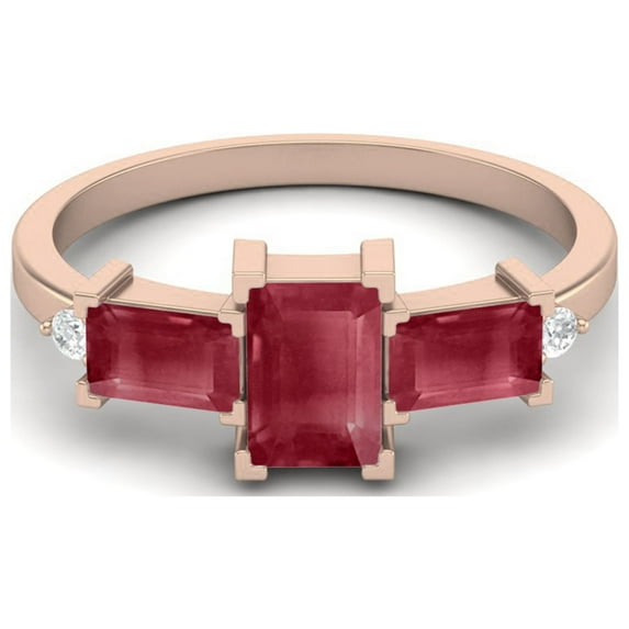 6X4MM Octagon Ruby Glass Filled 925 Sterling Silver Rose Vermeil Three Stone Women Valentines Day Gifts Ring