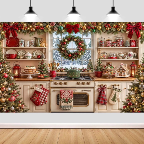 6X4ft Christmas Kitchen Backdrop Winter Holiday Snow Window Background Xmas Tree Garland Winter Kitchen Photography Backdrops Family Christmas Party Decor Photo Booth Studio Props