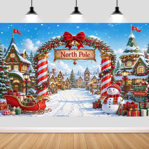 6X4ft Christmas North Pole Arch Backdrop Winter Holiday Party Decor Winter Village Snowman Photography Background, Photo Booth Studio Props, Winter Indoor Wall Decor