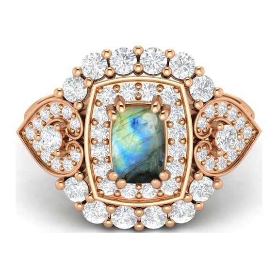 6X4mm Cushion Shape Labradorite 925 Silver Rose Plated Cocktail Women Valentines Day Gifts Ring