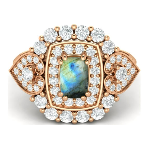 6X4mm Cushion Shape Labradorite 925 Silver Rose Plated Cocktail Women Valentines Day Gifts Ring