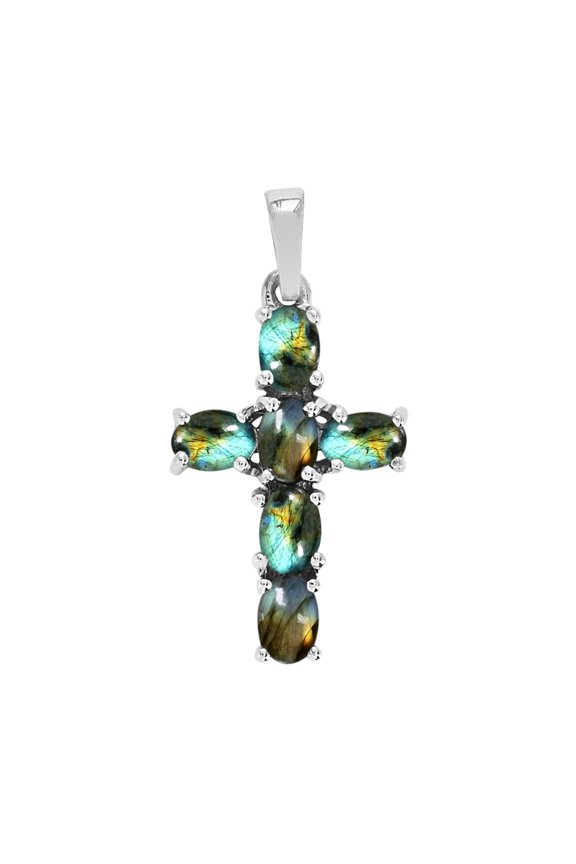 6X4mm Oval Labradorite 925 Sterling Silver Women Religious Cross Pendant Jewelry