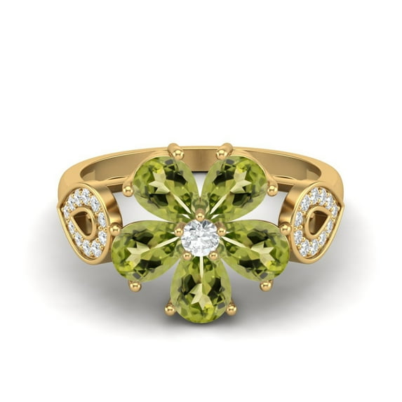 6X4mm Pear Shape Peridot 925 Sterling Silver Gold Vermeil Floral Art Deco Women Mother's Day Gift Ring