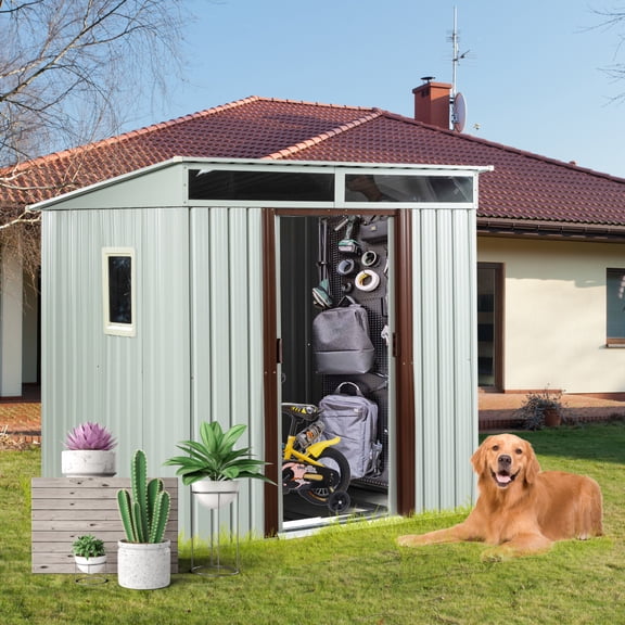 6X5FT Outdoor Metal Storage Shed with Window and Transparent Plate,Waterproof Garden Storage Shed with Lockable Door,Sloped Roof Design Tool Shed,for Lawn,Patio,Backyard,Multiple Use,White