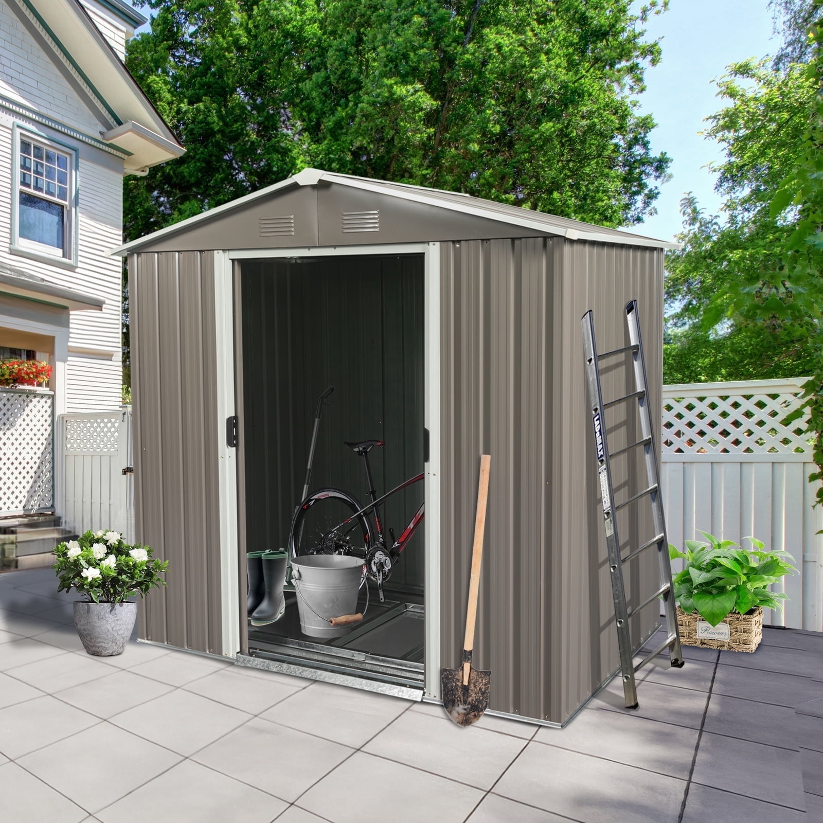 CarButler 6x5ft Metal Outdoor Storage Shed with Lockable Sliding Doors for Garden Backyard Patio Lawn Gray